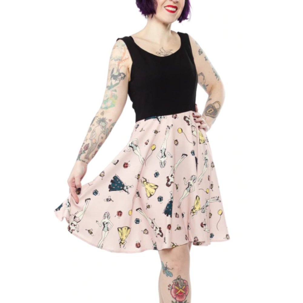 Smak Parlour Black & Pink Fit-and-Flare Dress with Pinup paper doll Print!